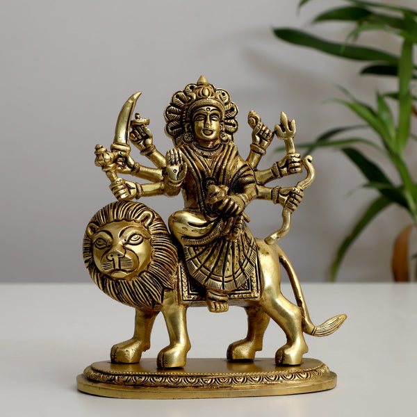 Brass God Shera Vali Maa - intricately designed brass statue featuring Goddess Sherawali Maa, golden finish, divine and powerful deity, perfect for home decor and spiritual spaces, ideal for invoking strength, courage, and protection, symbolizes divine motherhood, valor, and victory, enhances the spiritual energy and fosters a sense of divine presence, a sacred and revered addition to your collection of brass sculptures and figurines.