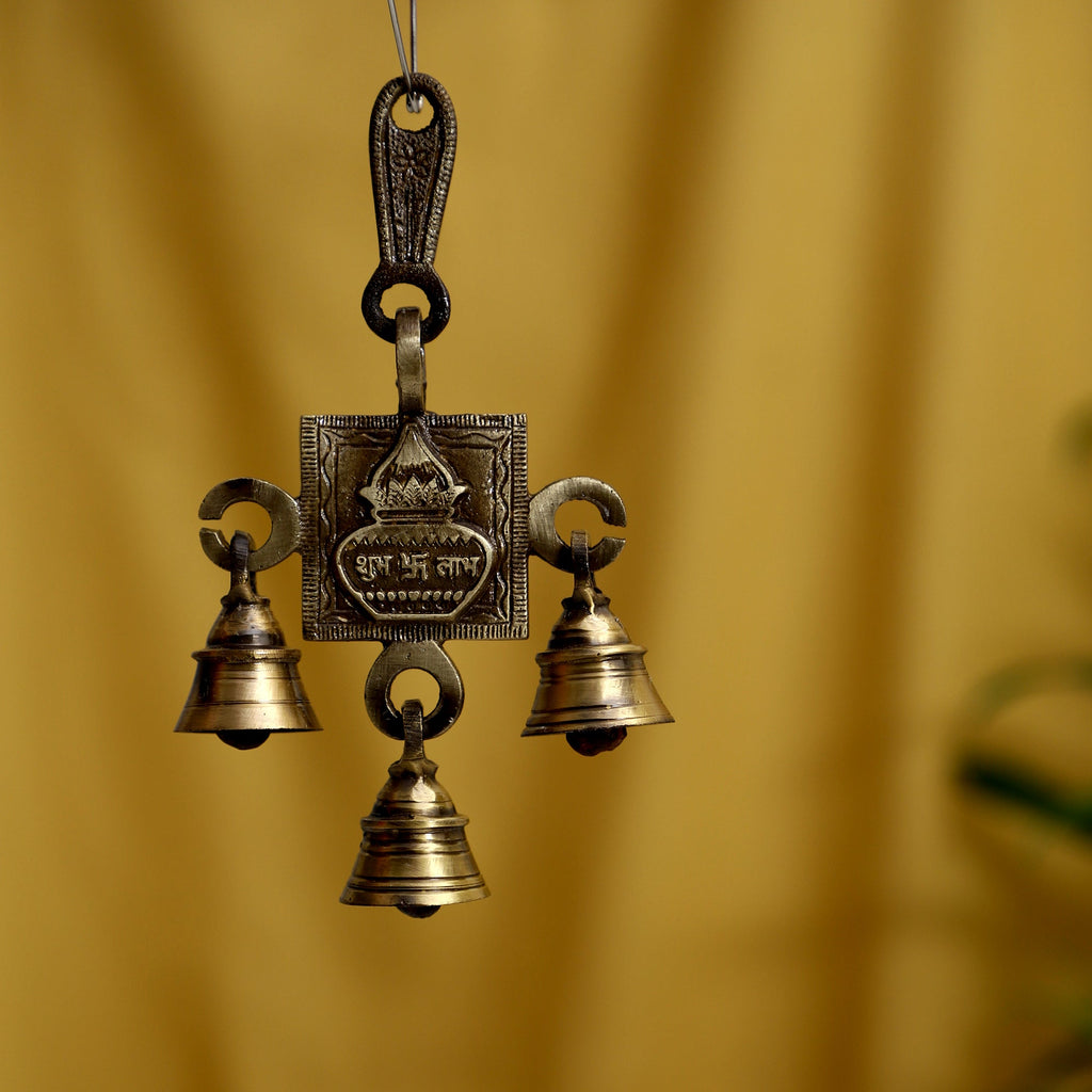 Subh Labh Wall Hanging Bell Hindu Brass Door Hanging Bells for Home Decor 2  Pcs