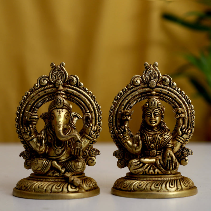 Brass God Lakshmi Ganesha Ji - meticulously designed brass statue featuring Lord Lakshmi and Lord Ganesha, golden finish, auspicious and revered deities, perfect for home decor and spiritual spaces, ideal for invoking blessings, prosperity, and success, symbolizes wealth, wisdom, and divine grace, enhances the spiritual energy and fosters a sense of divine presence, a sacred and blessed addition to your collection of brass sculptures and figurines.