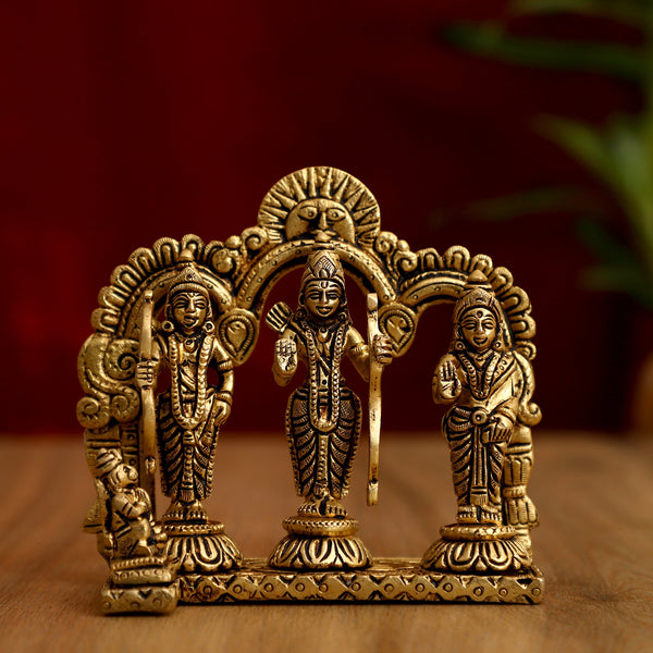 Brass God Ram Darbar - exquisitely crafted brass statue showcasing Lord Ram, Goddess Sita, Lord Lakshmana, and Lord Hanuman, golden finish, divine and revered deities, perfect for home decor and spiritual spaces, ideal for invoking blessings, strength, and righteousness, symbolizes ideal kingship, devotion, and valor, enhances the spiritual energy and fosters a sense of divine presence, a sacred and revered addition to your collection of brass sculptures and figurines."