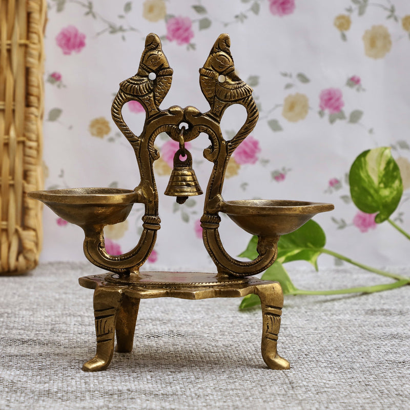  Ethnic Curved Twin pair Peacock Oil Wick Lamp big Diya antique brass decor Diwali Dipawali Festival gift gifts God gold golden home item items love luck pooja puja room Vastu wealth