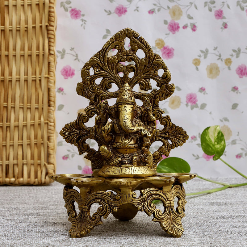  Ethnic Ganesh ji Design Wall Mount Hanging 5 Oil Wick Lamp Bells Diya Diyas antique brass decor Diwali Dipawali Festival gift gifts God gold golden home item items love luck pooja puja room Vastu wealth