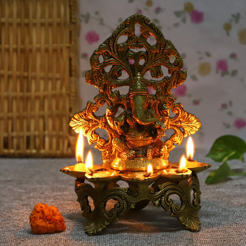  Ethnic Ganesh ji Design Wall Mount Hanging 5 Oil Wick Lamp Bells Diya Diyas antique brass decor Diwali Dipawali Festival gift gifts God gold golden home item items love luck pooja puja room Vastu wealth