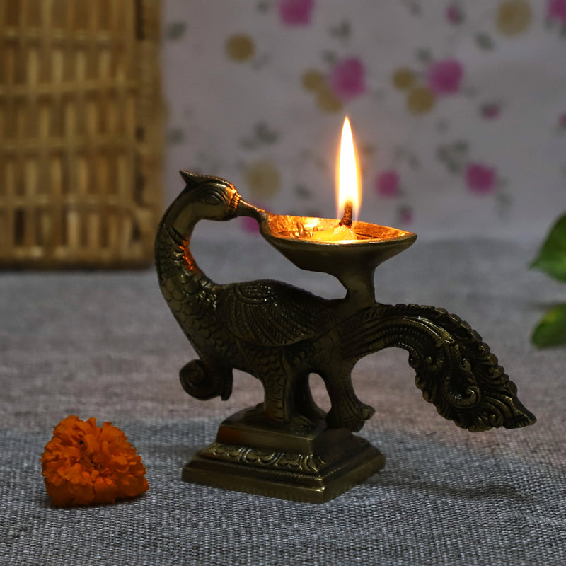  Ethnic Curved Twin pair Peacock Oil Wick Lamp big Diya antique brass decor Diwali Dipawali Festival gift gifts God gold golden home item items love luck pooja puja room Vastu wealth