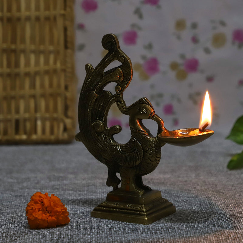  Ethnic Curved Twin pair Peacock Oil Wick Lamp big Diya antique brass decor Diwali Dipawali Festival gift gifts God gold golden home item items love luck pooja puja room Vastu wealth